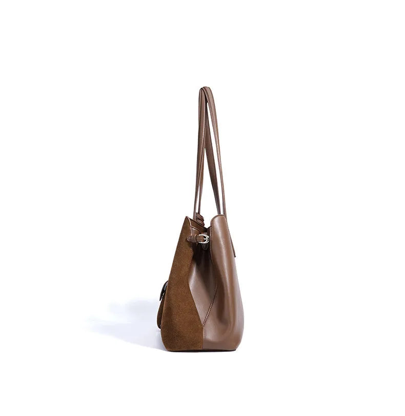 Dark brown genuine leather retro handbag horizontal square large capacity double shoulder straps