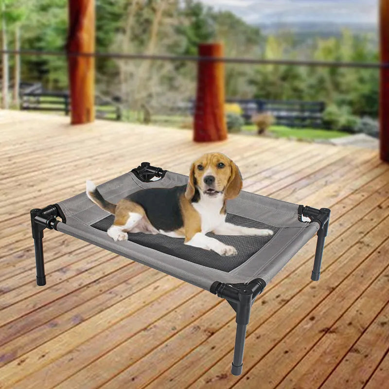 Black outdoor portable dog bed with steel frame and removable Oxford cloth cover.