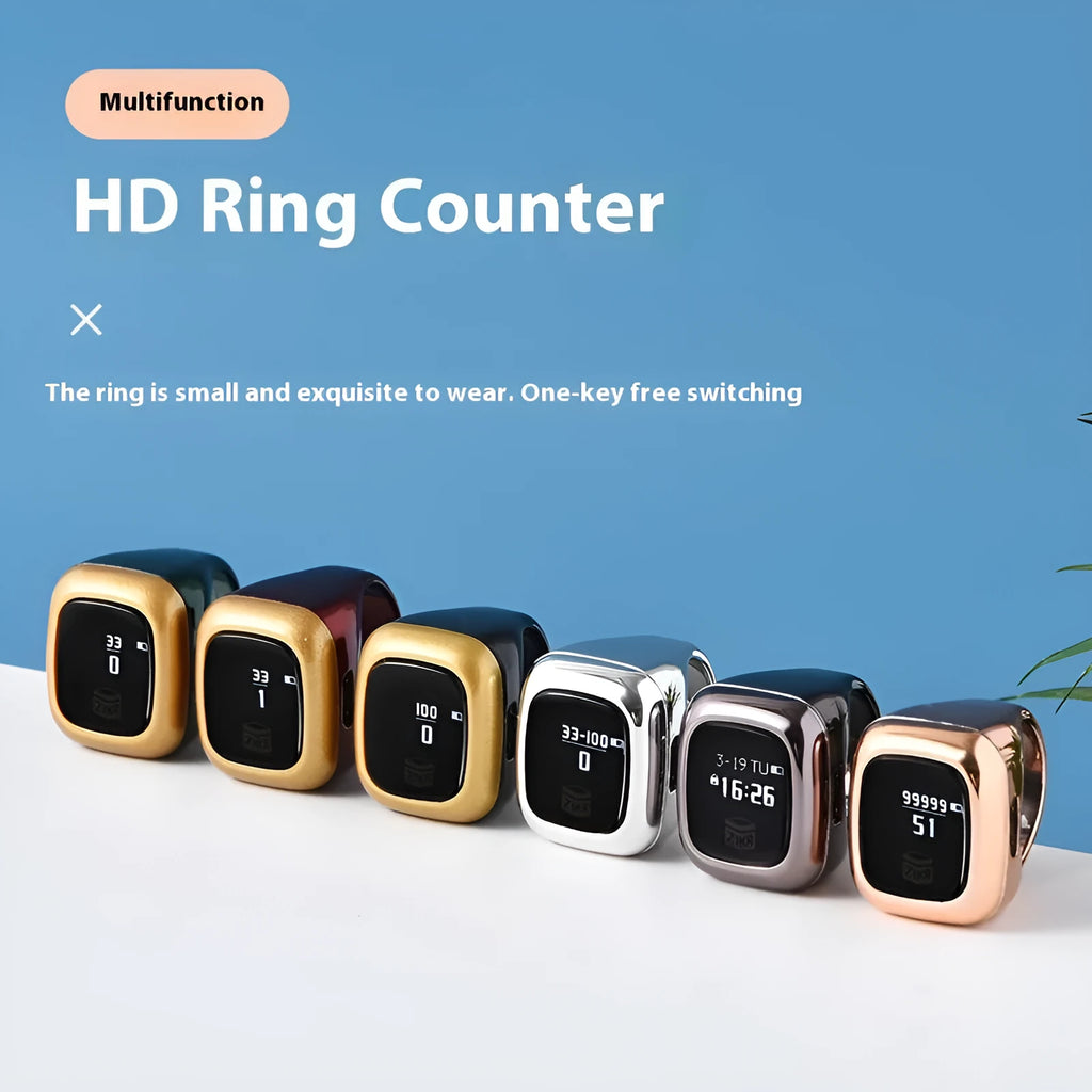 Al-Fatiha Zikr electronic counter with digital display on wrist, shown in Black, Space Gray, and Rose Gold colour options.