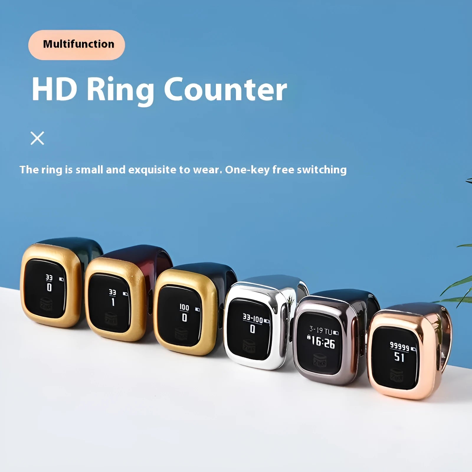 Al-Fatiha Zikr electronic counter with digital display on wrist, shown in Black, Space Gray, and Rose Gold colour options.