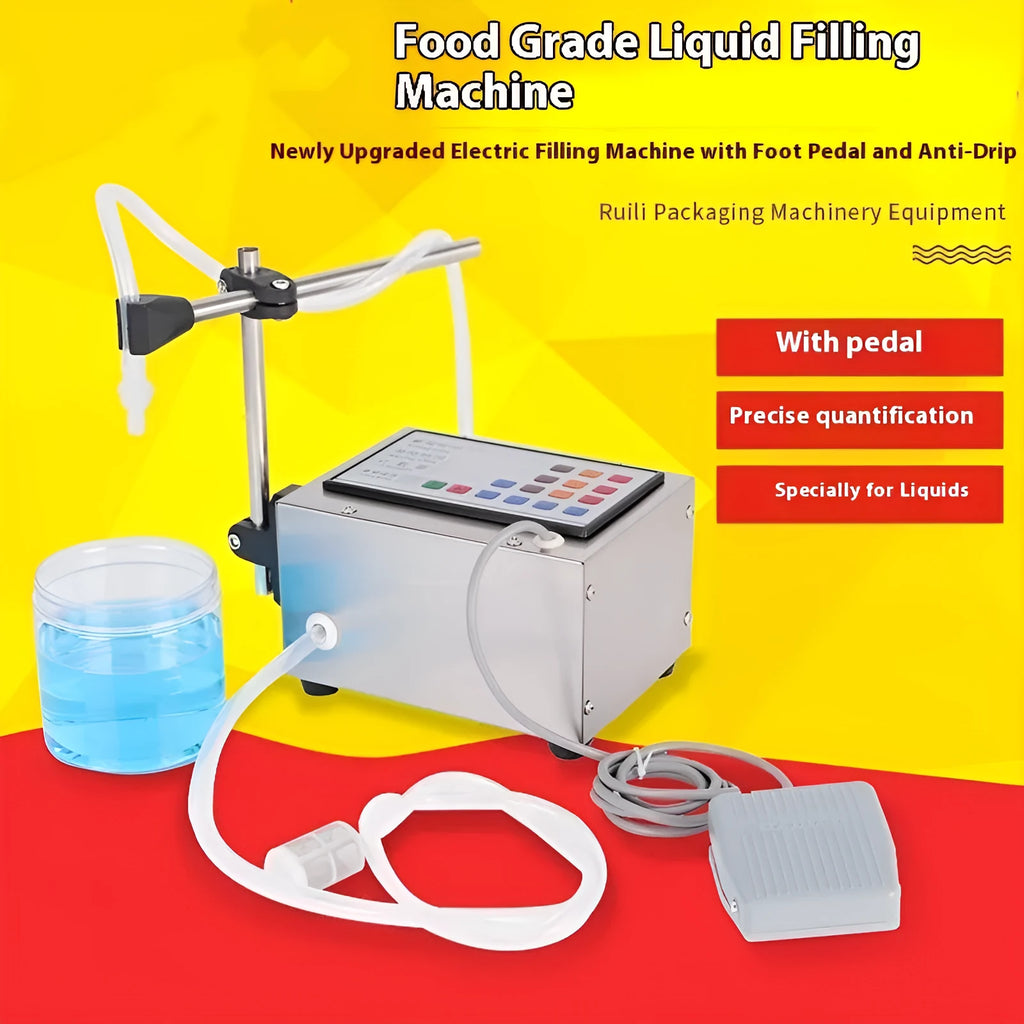 CNC automatic quantitative liquid filling machine with digital display and dispensing nozzle on a workbench.