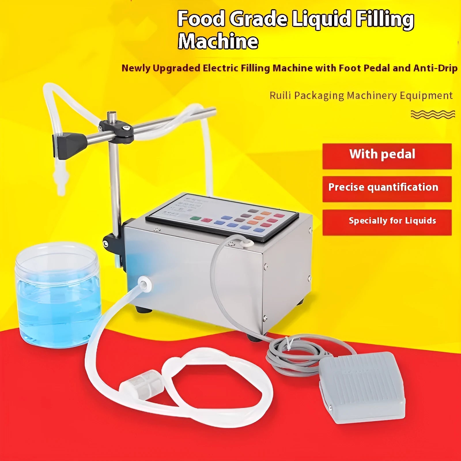 CNC automatic quantitative liquid filling machine with digital display and dispensing nozzle on a workbench.