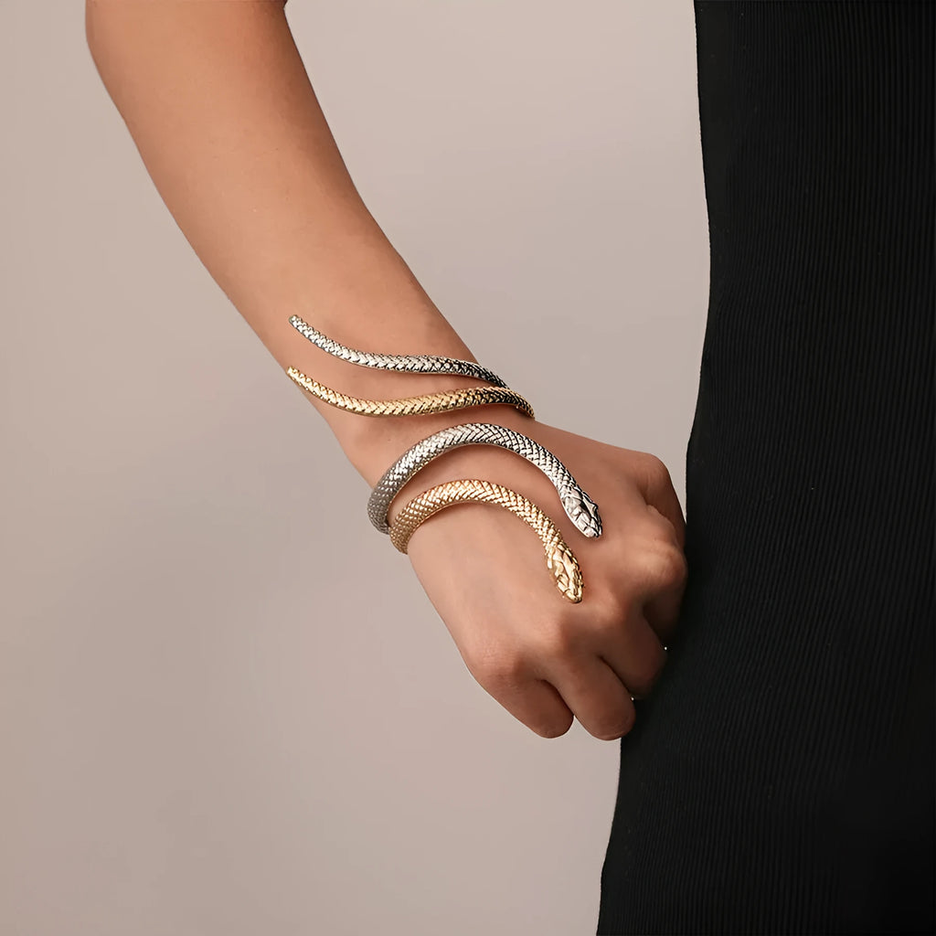 Gold snake design bracelet and ring set with exaggerated twisted winding metal jewellery