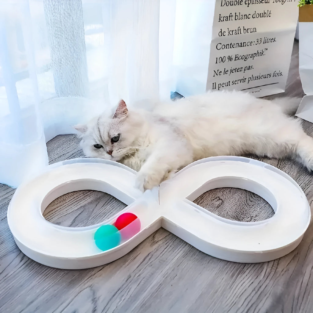 Cat toy set with turntable track ball amusement centre and teasing cat stick on blue background