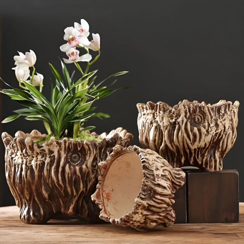 Ceramic flower pot in wood shaped tree root design for succulents, available in extra large size