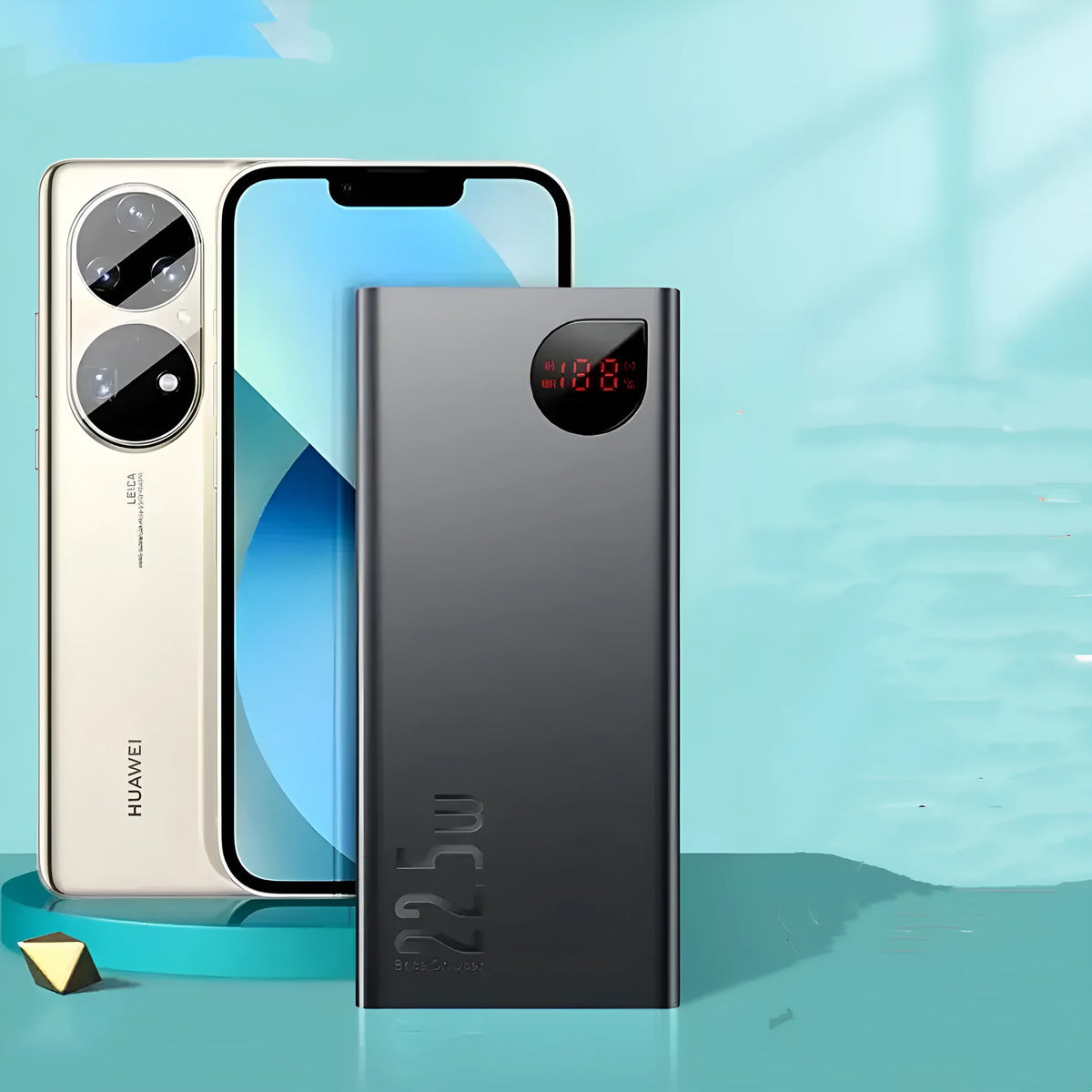 Black 10000mAh power bank with Huawei 22.5W super fast charge, external screen, and multi-port output on a white background