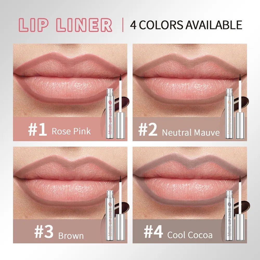 Matte finish pointed toe lip liner pencil shown in four colour shades