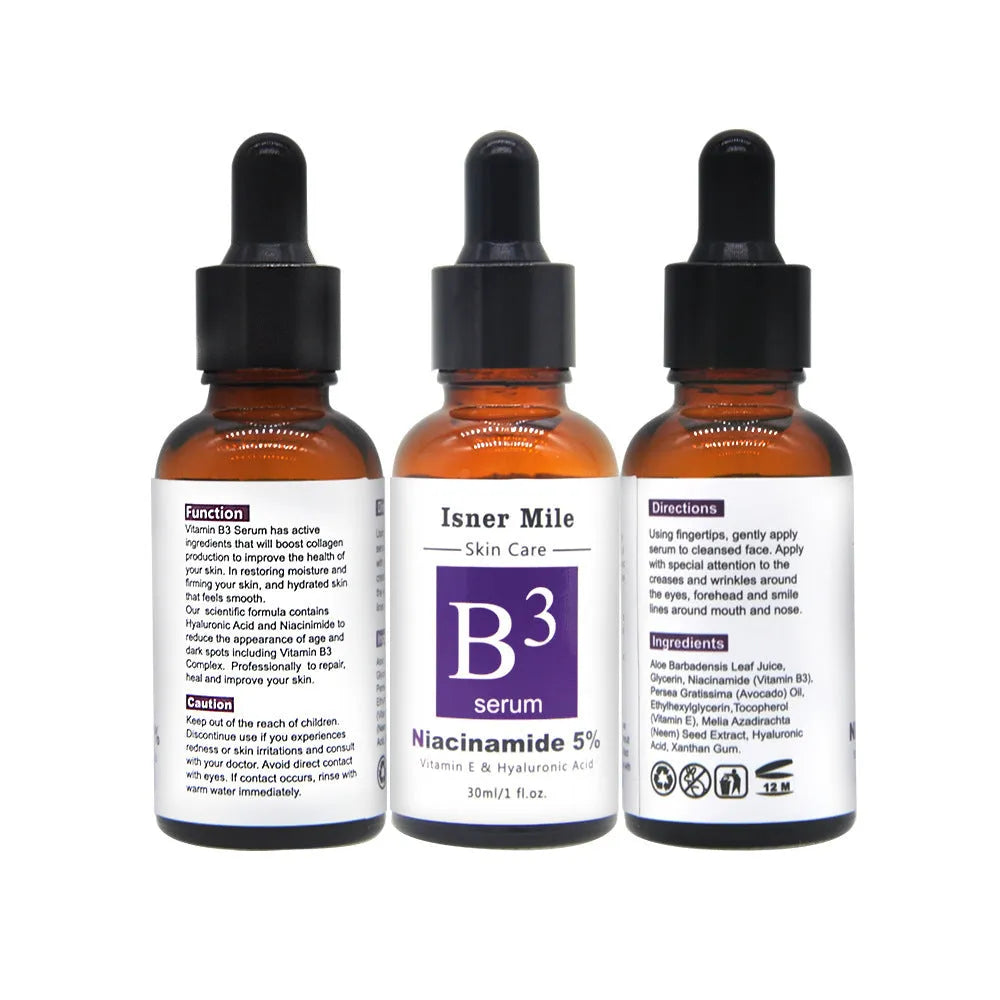 Liquid niacinamide hyaluronic acid serum in 30ml dropper bottle with vitamin C for brightening uneven skin tone