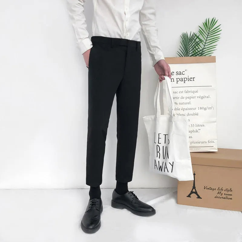 Men's Korean style straight-leg cotton trousers with drawstring waist in black grey khaki colours