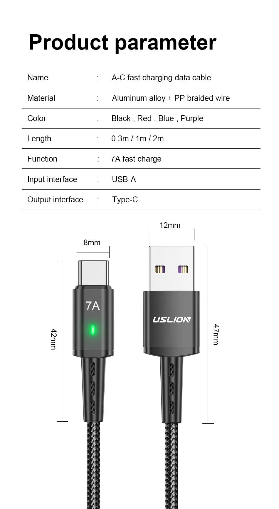 7A Android braided Type-C charging cable with indicator light in black, 1 metre length