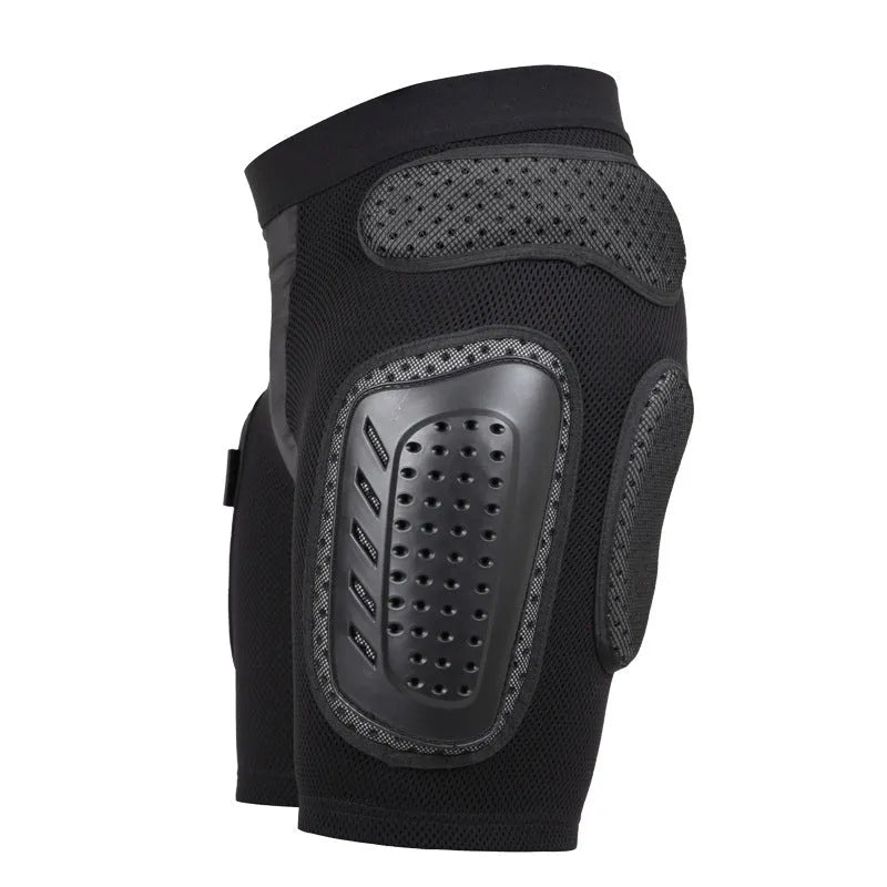 Black adult cycling protective pants with hip pads for mountain biking safety.