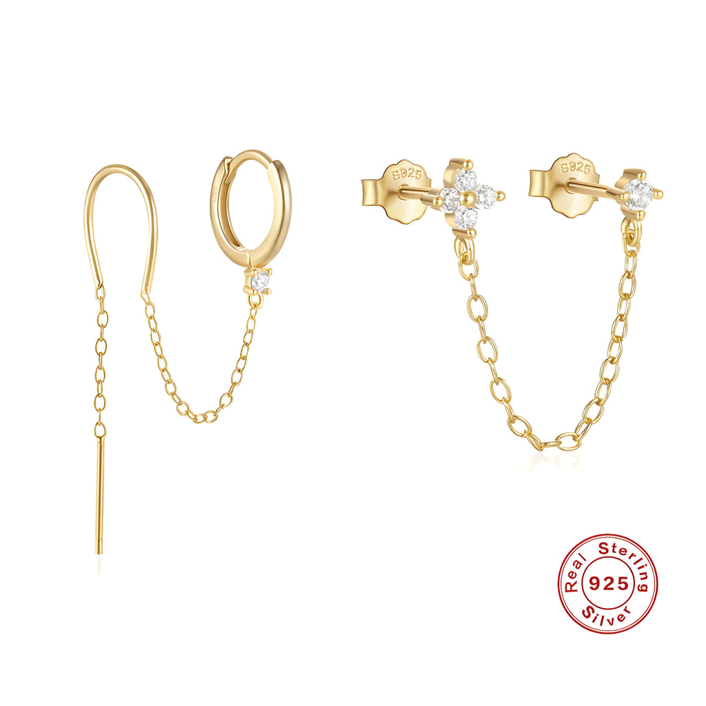 S925 sterling silver stud earring with a diamond-shaped flower, dangling tassel, and chain detail in a golden colour.