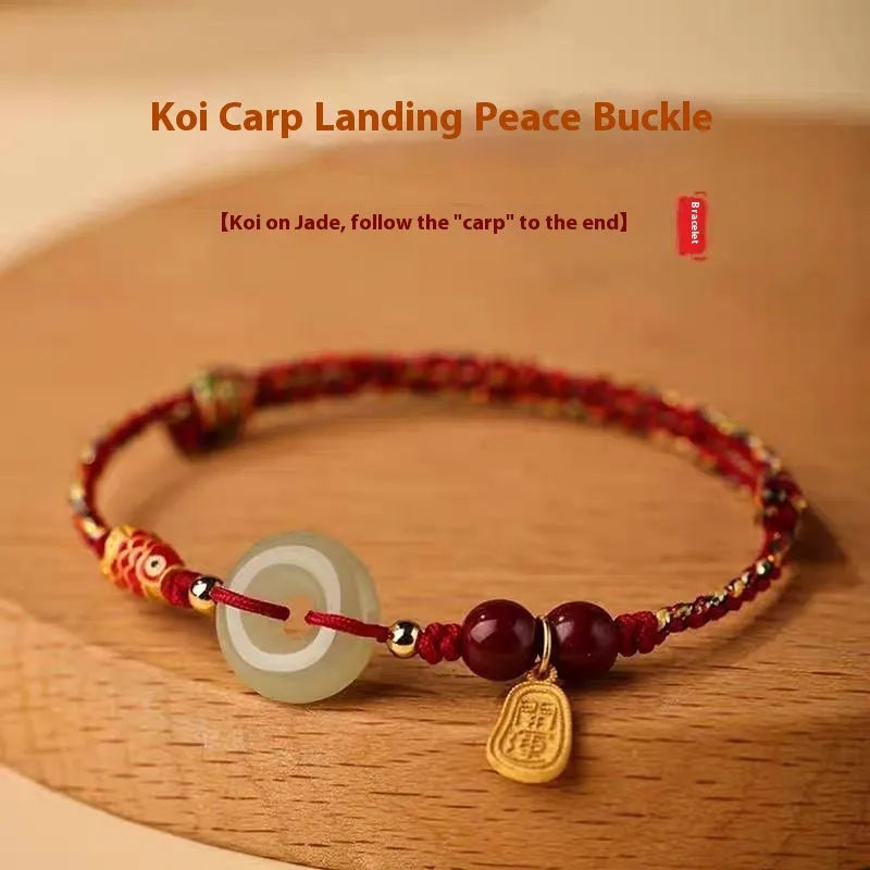Hetian Jade peace buckle bracelet with braided rope in choice of colours