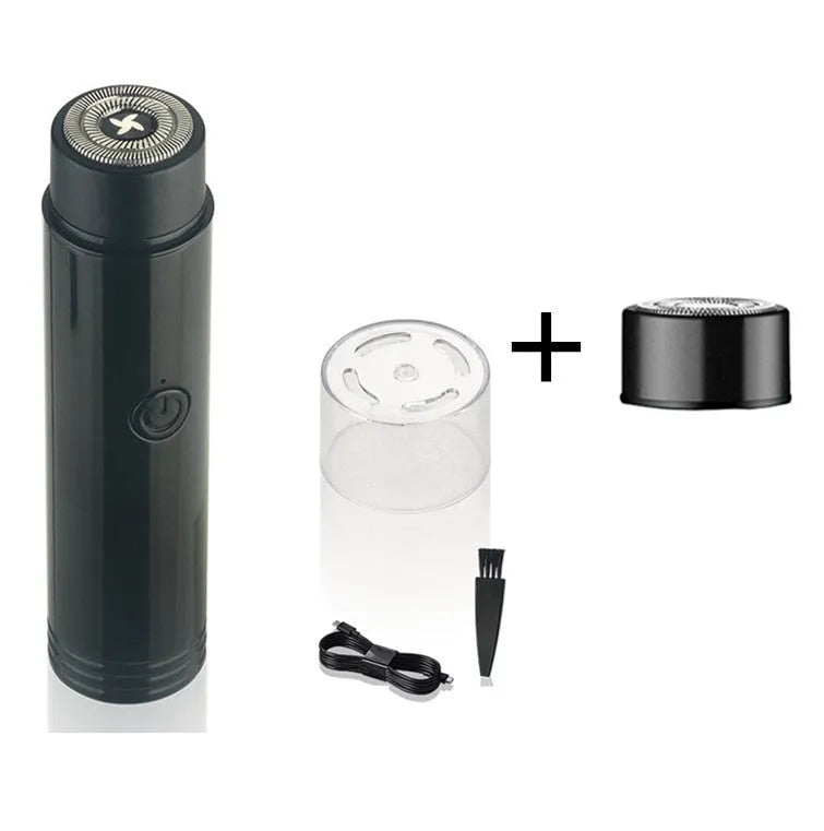 A black or blue mini portable electric shaver with a detachable rotary head and USB charging cable.