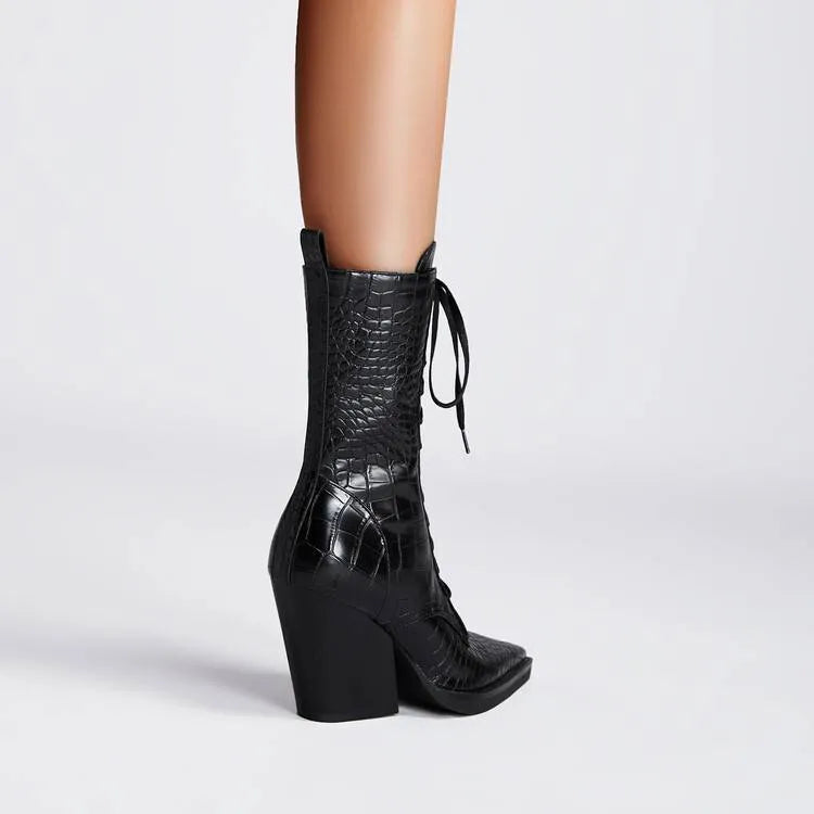 Dark brown women's pointed toe ankle boots with a chunky heel and side zip.