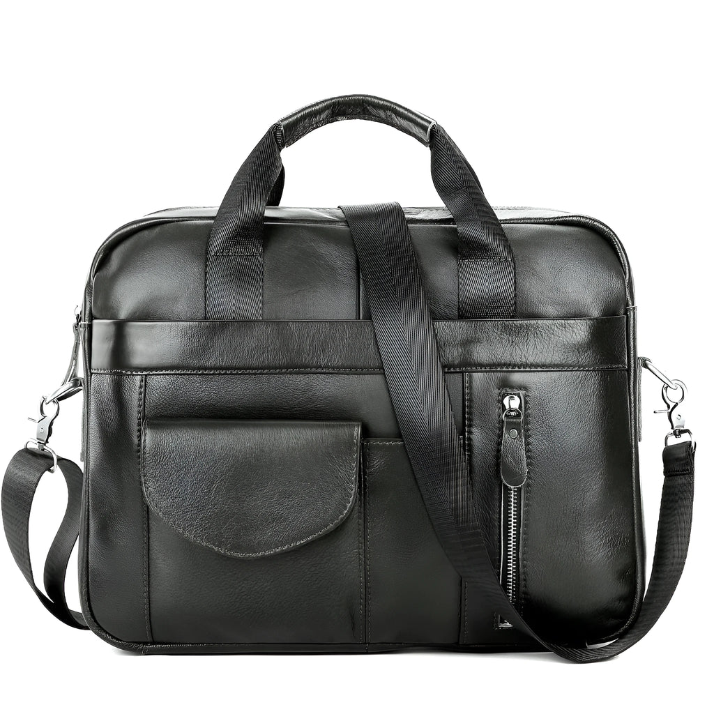 Men's brown cowhide leather cross-body briefcase with zipper front pocket on a neutral background