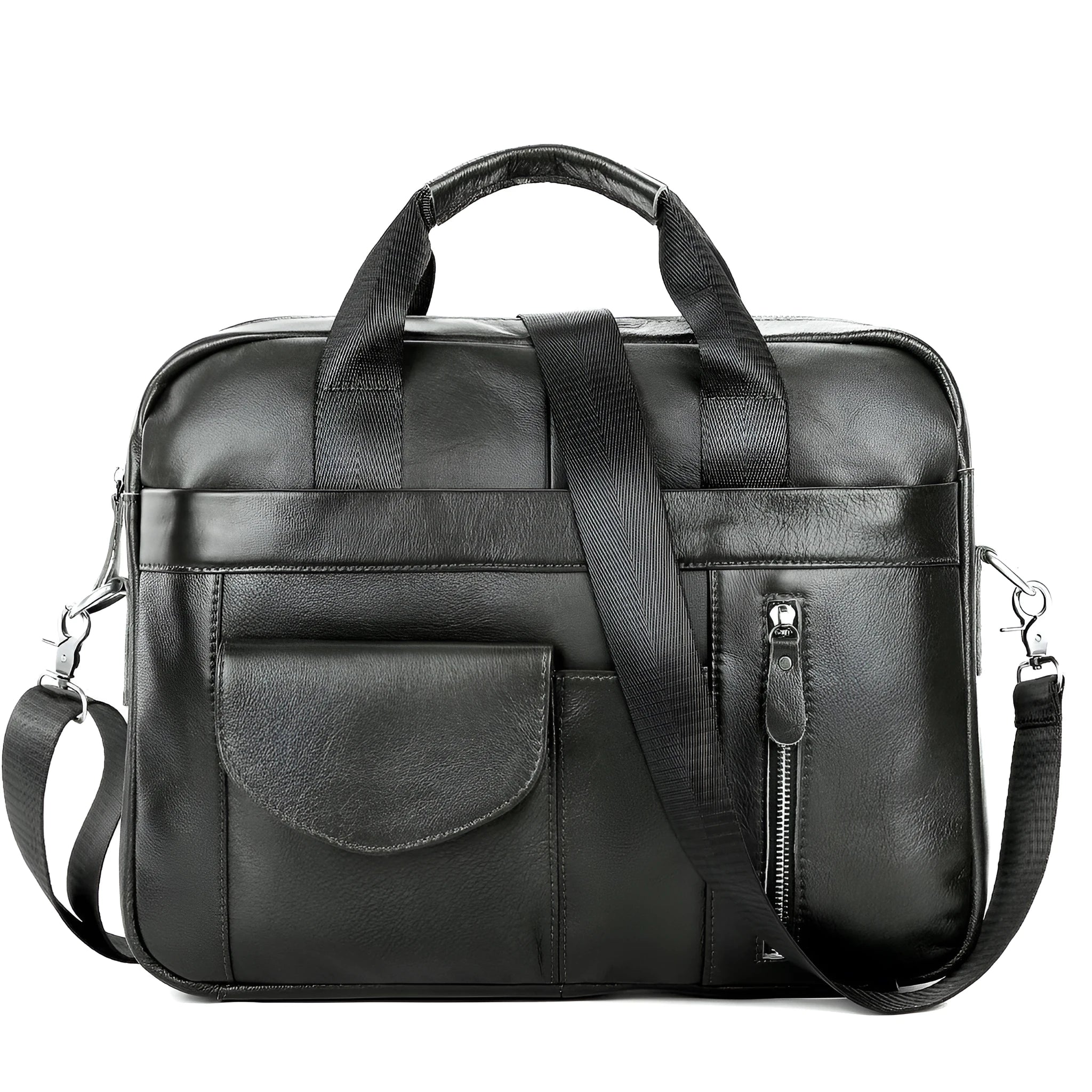 Men's brown cowhide leather cross-body briefcase with zipper front pocket on a neutral background