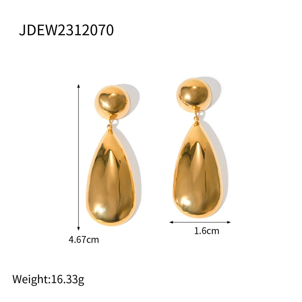 A pair of gold-coloured stainless steel earrings with a geometric water drop pendant design.