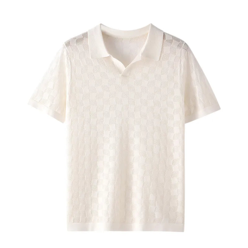 Men's mulberry silk jacquard short sleeve lapel sweater in solid colour for business casual wear