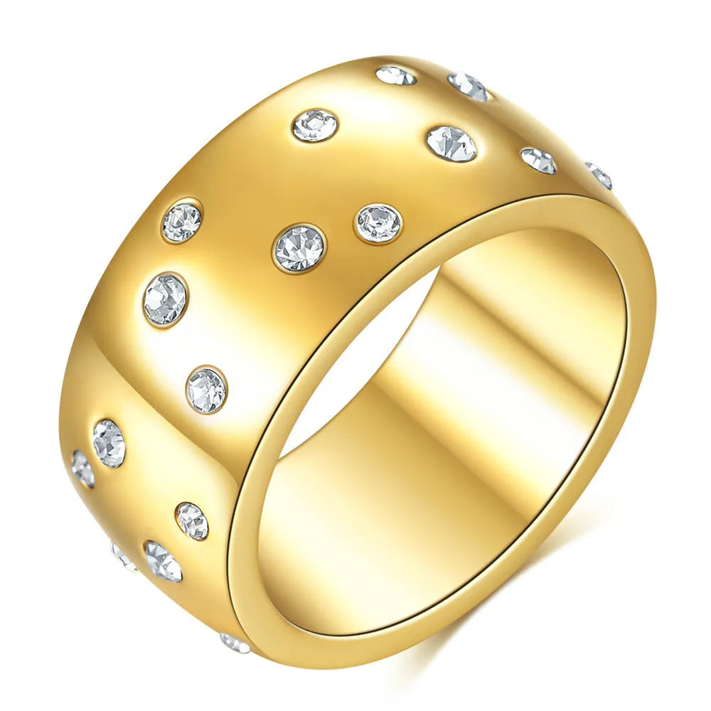 Geometric round titanium steel women's ring with diamond detailing shown in black, gold, rose gold, and steel colour finishes.