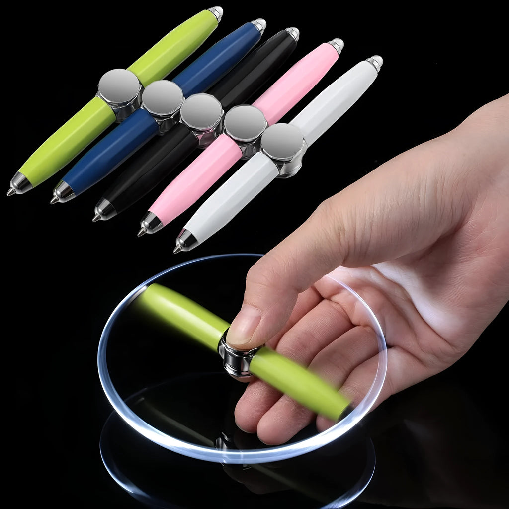 Metal gyro ballpoint pen with LED lights shown spinning, 10.5 cm long.