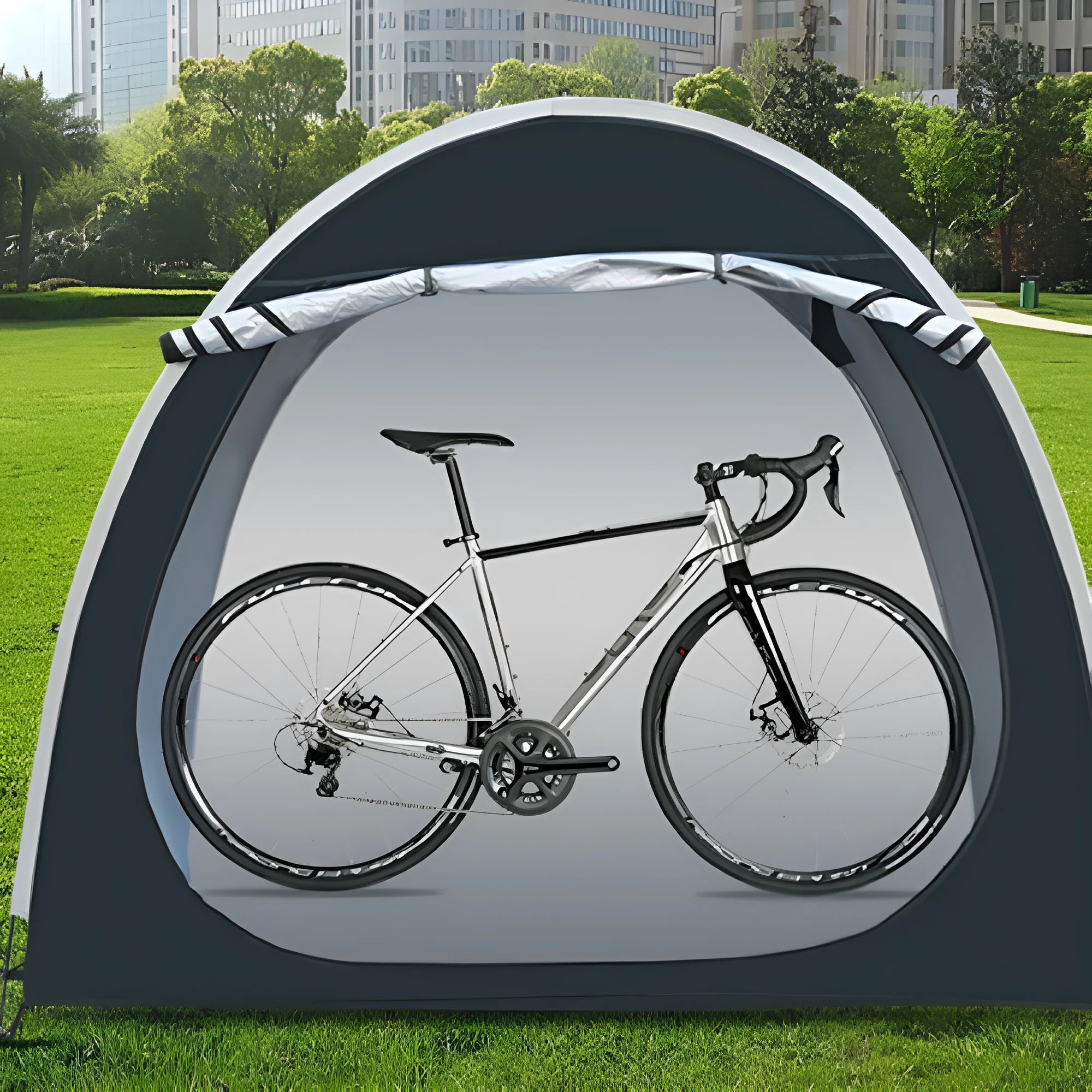 Large black outdoor bicycle storage tent with roof design, shown with dimensions 185x65x165cm.