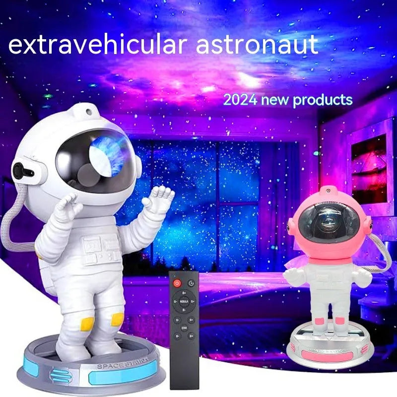 Exit Astronaut Starlight Projection Lamp 22.5cm in white on a surface projecting northern lights onto ceiling