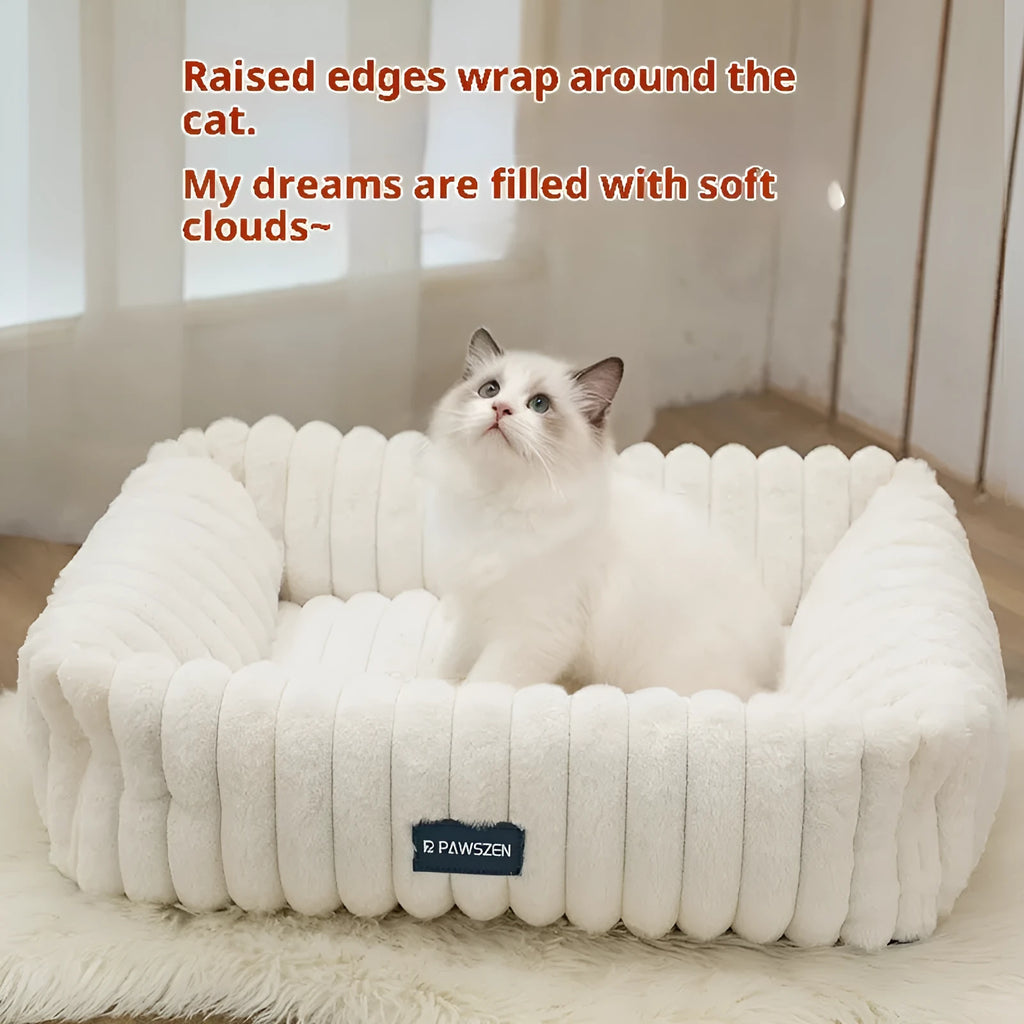 Square dog bed in grey or white striped cloth, available in sizes S to XL, with XL measuring 90cm x 68cm x 21cm