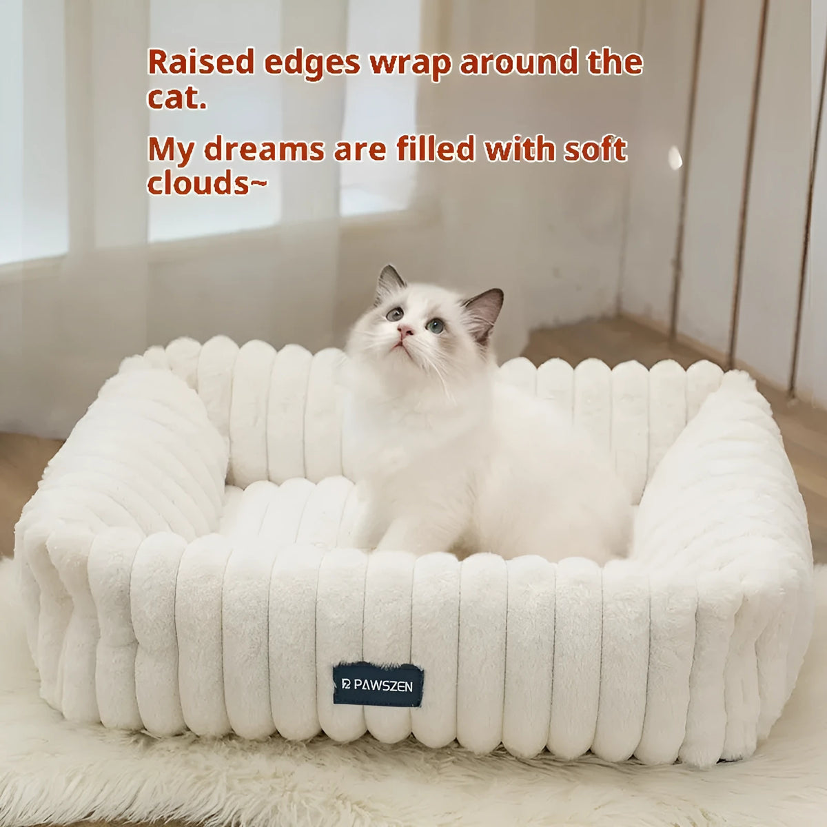 Square dog bed in grey or white striped cloth, available in sizes S to XL, with XL measuring 90cm x 68cm x 21cm