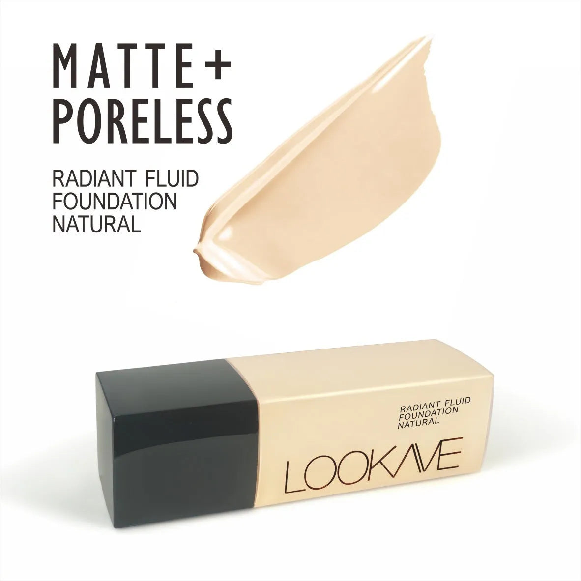 LOOKAVE matte liquid foundation bottle showing six shade options including ivory white