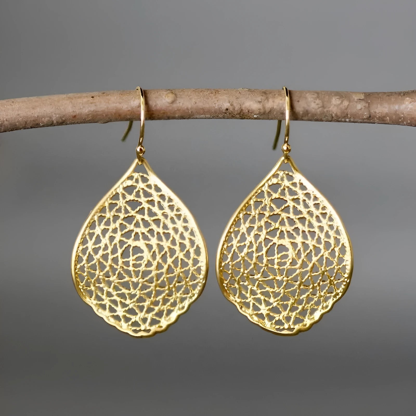 Gold retro leaf hollow drop pendant earrings with pierced stud backing