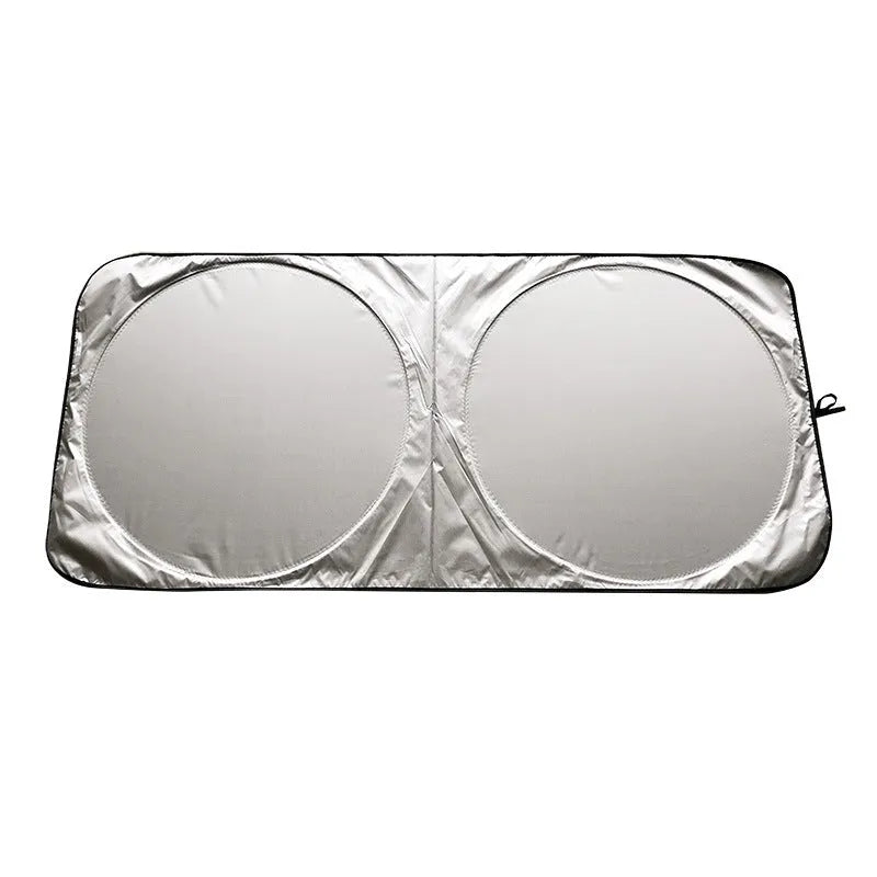 Silver tape car windscreen sunshade measuring 190x90 cm with a cloth storage bag.