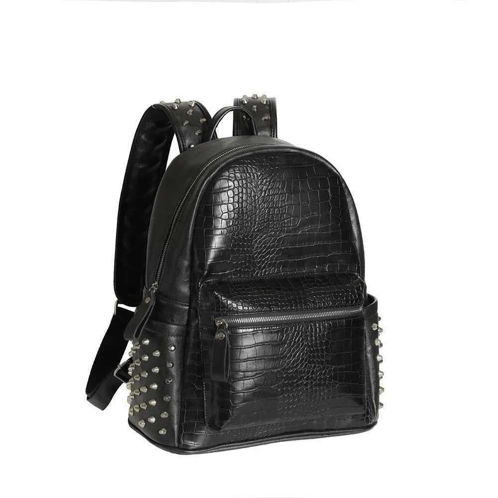 Black waterproof fashion computer bag with oil wax leather finish and rivet detailing showing interior compartments