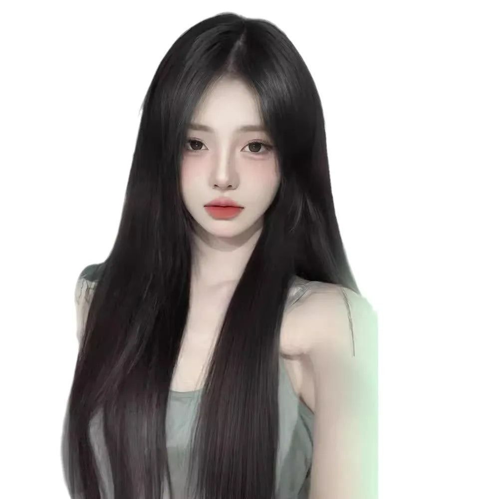 Female full-head wig with seamless forehead lace and fluffy high-temperature fibre hair in brown black colour