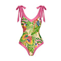 Retro pink floral print one-piece swimsuit with V-neck, covered belly and thin skirt overlay