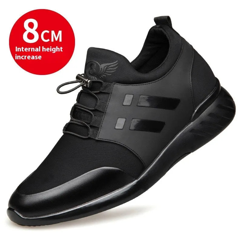 Men's black casual shoe with chunky rubber sole and round toe, shown in leather, mesh, and Lycra upper options.