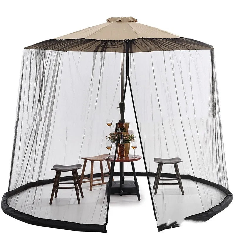 Heavy outdoor umbrella tent sunshade with mosquito net in beige, black, or brown colour.