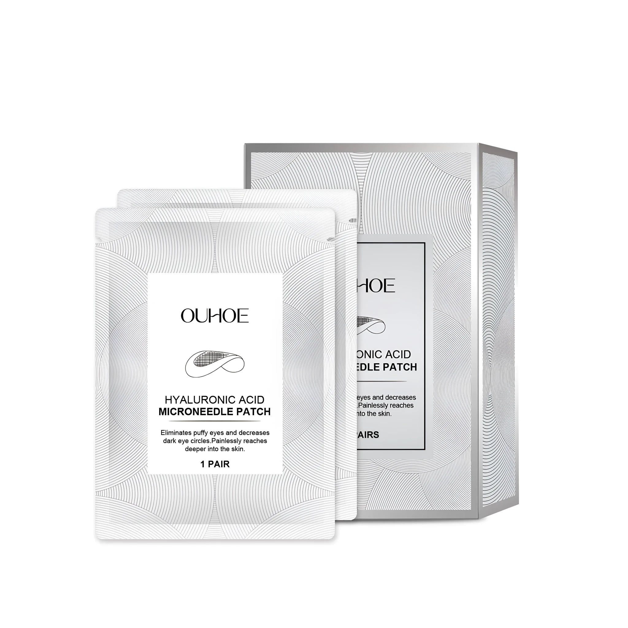 A pack containing two pairs of hyaluronic acid microneedle patches for targeted transdermal skincare application.
