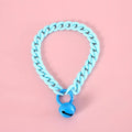 A plastic pet collar in macaron candy colours shown in blue, pink, and mixed variants, with a chain design and S/M size tags.