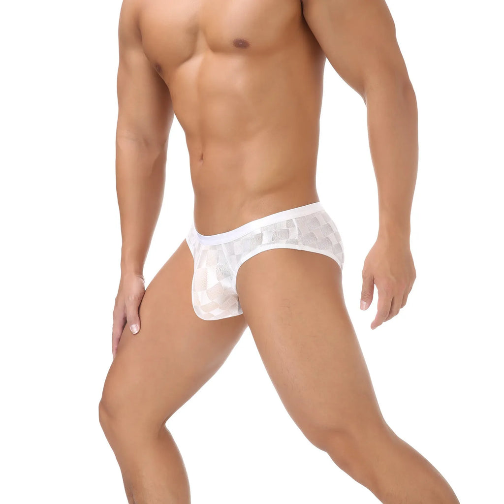 Men's black U-convex plaid mesh underpants showing breathable nylon lace fabric construction
