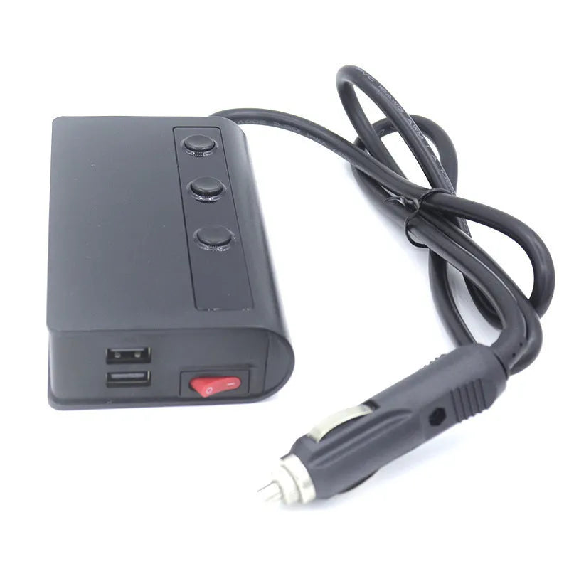 Three-port car charger with cigarette lighter socket and QC3.0 USB ports, black ABS housing, 70cm cable