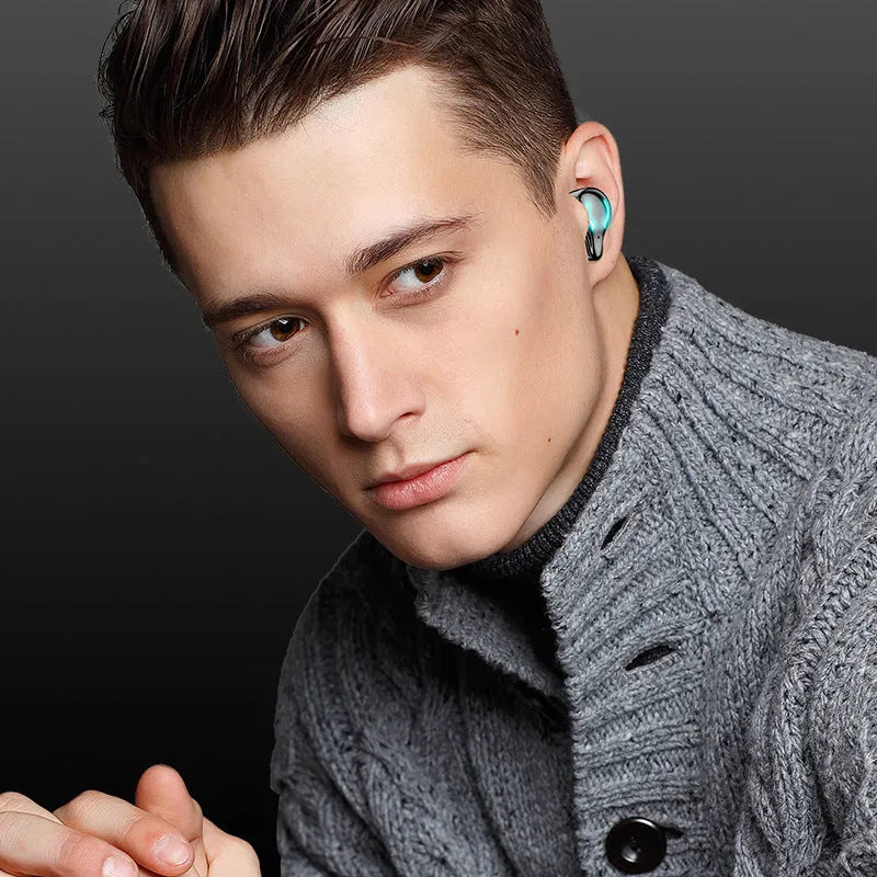 Black Bluetooth in-ear gaming headset with a simple stylish design on a plain background.