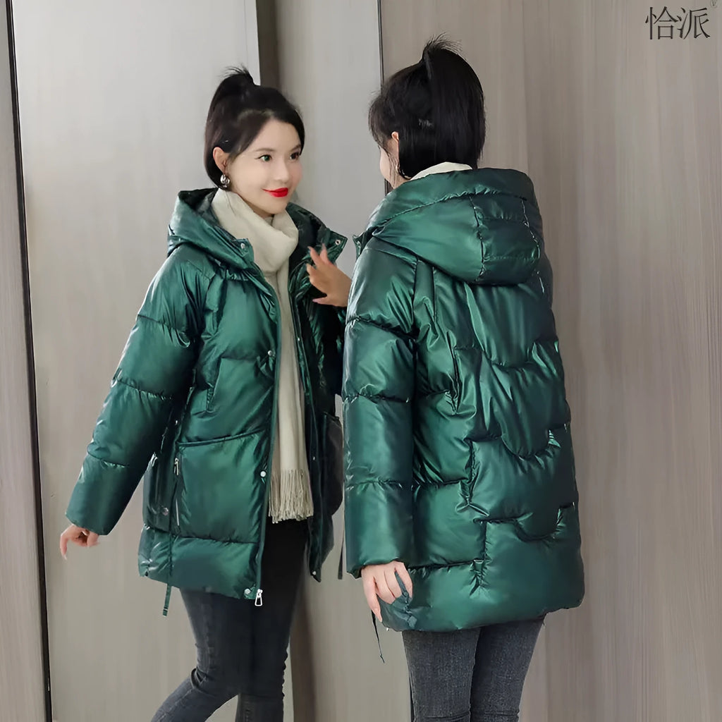 A women's loose-fit hooded winter jacket in a polyester blend, available in black, blue, green, and champagne.