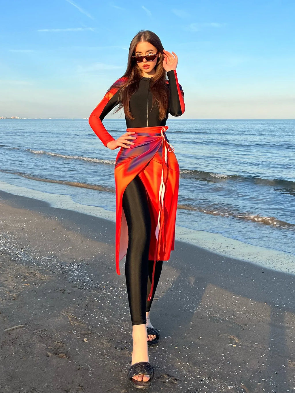 Women's three-piece conservative swimsuit set in colour 427 with polyester construction