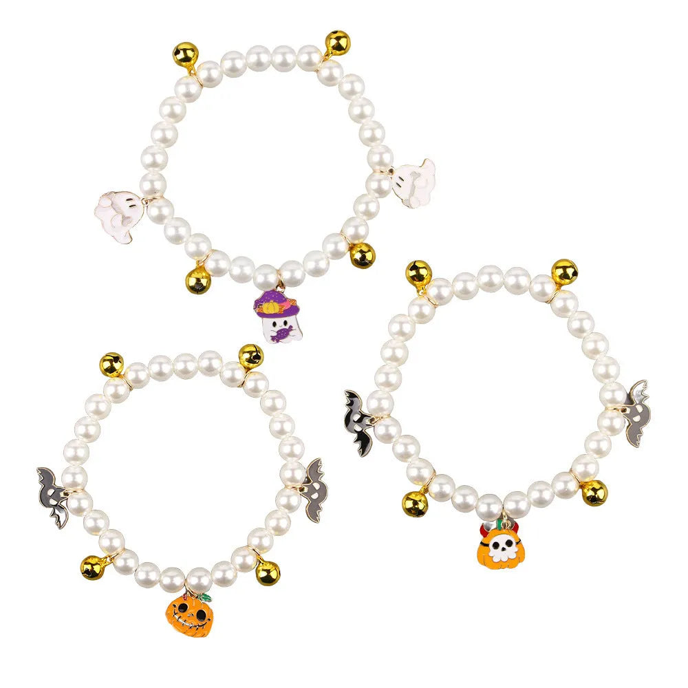 Halloween cat collar with simulated pearl beads and purple pumpkin charm decoration