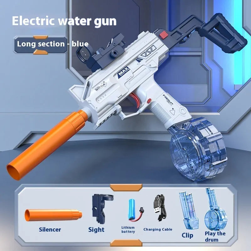 Children automatic electric UZI backpack water gun in technology blue with long barrel and double water clip on grass.