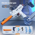 Children automatic electric UZI backpack water gun in technology blue with long barrel and double water clip on grass.