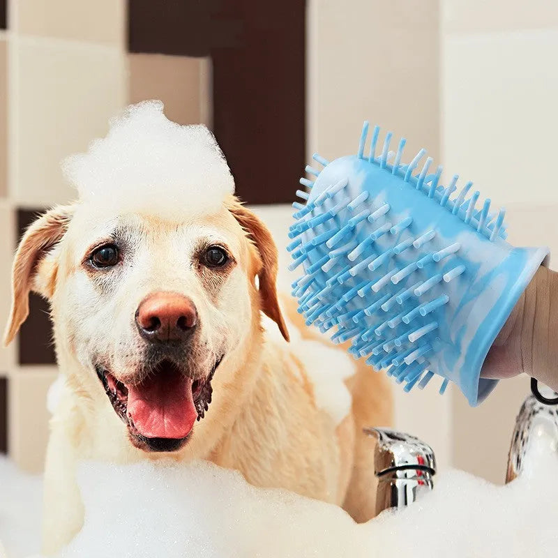 Blue 2-in-1 dog paw cleaner cup with silicone bristles and hook for portable use