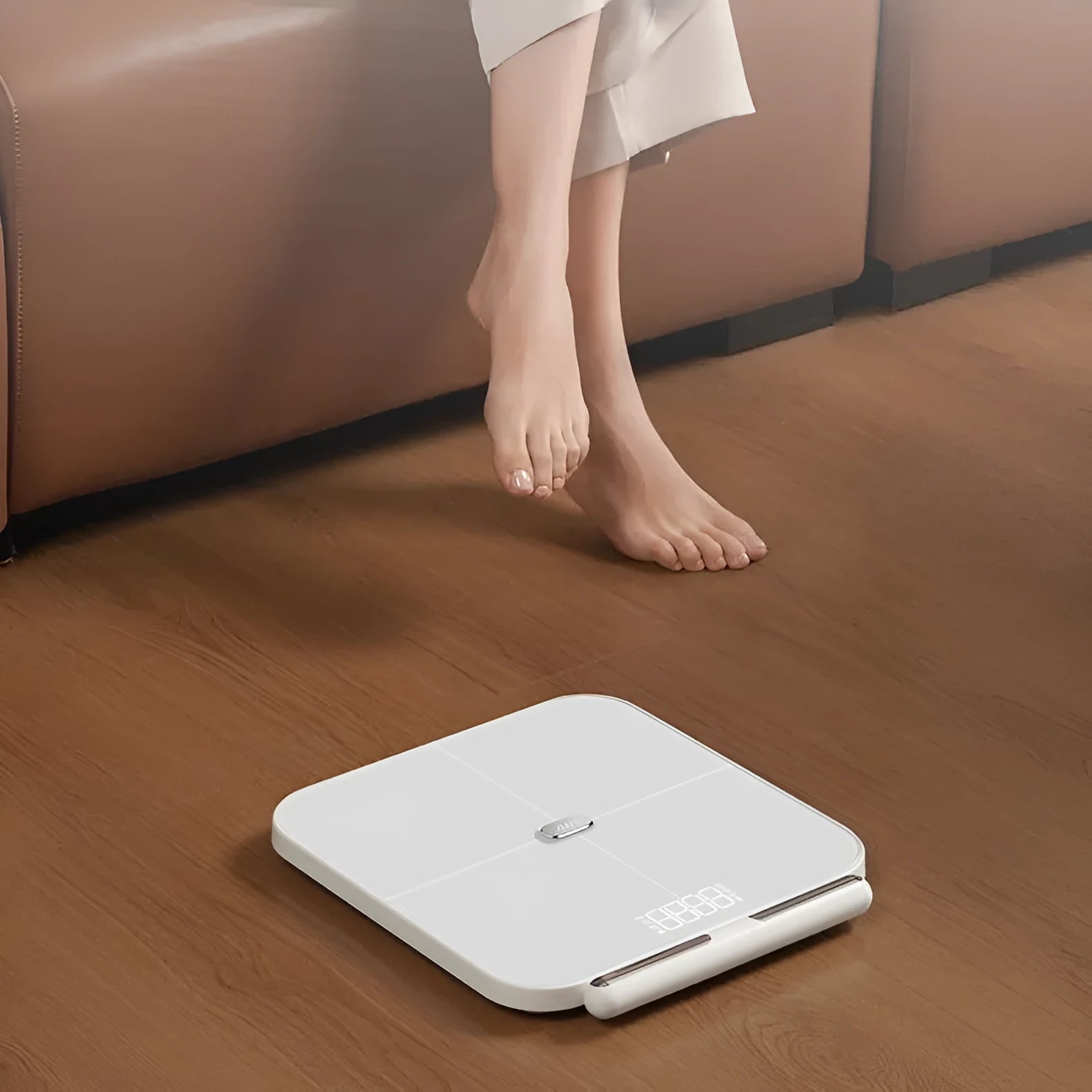 White intelligent body fat scale with 8 electrodes and a tempered glass platform.