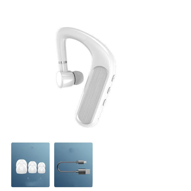 Black Bluetooth earphones with hanging ear design shown with three pairs of silicone ear caps and charging cable